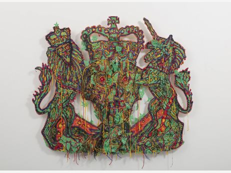 Hew Locke, Veni, Vidi, Vici (The Queen’s Coat of Arms), 2004, textile, plastic, oil stick, artificial hair, and plywood