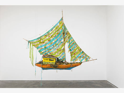 Hew Locke, Where Lies the Land? 2, 2019, acrylic on wood with metal, plastic, textile, enamel, and found objects, the Museum of Fine Arts, Houston, museum purchase funded by the Caroline Wiess Law Accessions Endowment. © 2019 Hew Locke / Photo courtesy of the artist and Hales London and New York, © Angus Mills Photography